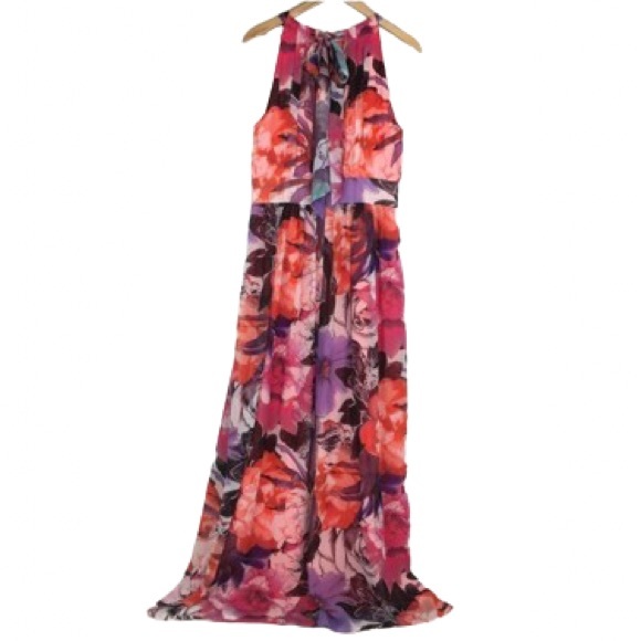 Eliza J Halter Maxi Dress Multicolor Floral Pink & Purple Feminine Sheer Flowy - Picture 15 of 16